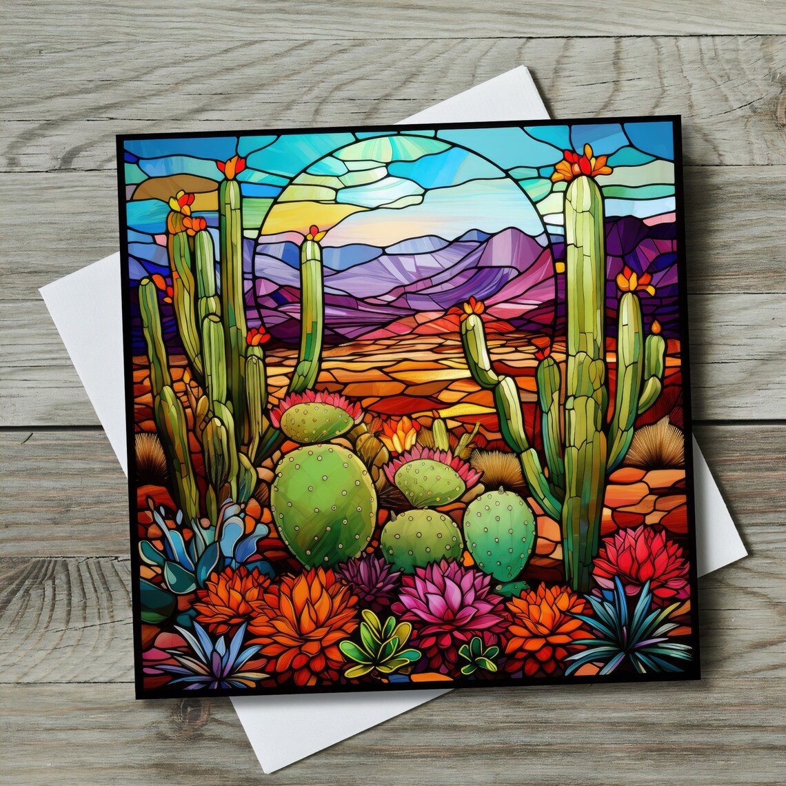 Stained Glass Effect Desert Southwest Cactus Landscape Art - Image 2