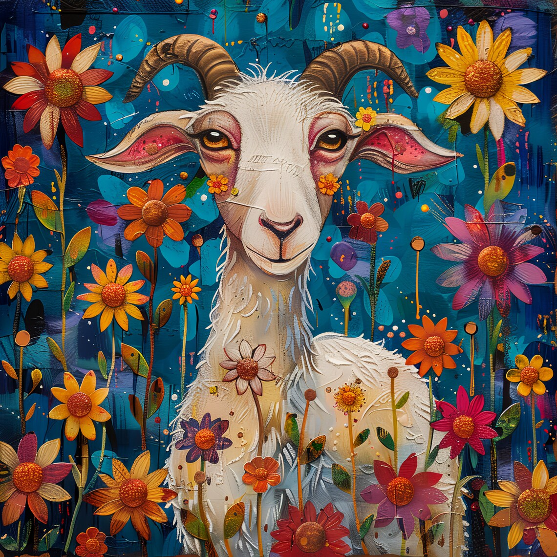 Colorful White Goat Folk Art, Farm Kitchen Art Print - Image 4