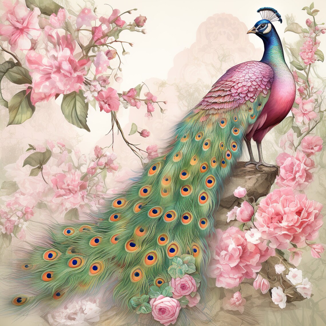 Art Nouveau Peacock, Pink Eastern Wall Art Print - Image 4