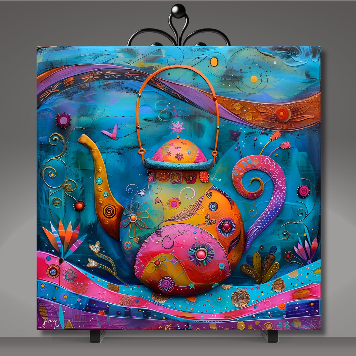 Whimsical Teapot Ceramic Tile Kitchen Decor Unique Home Decor Trivet Handmade Gift For Mom Or Grandmother Decorative Tile - Image 5