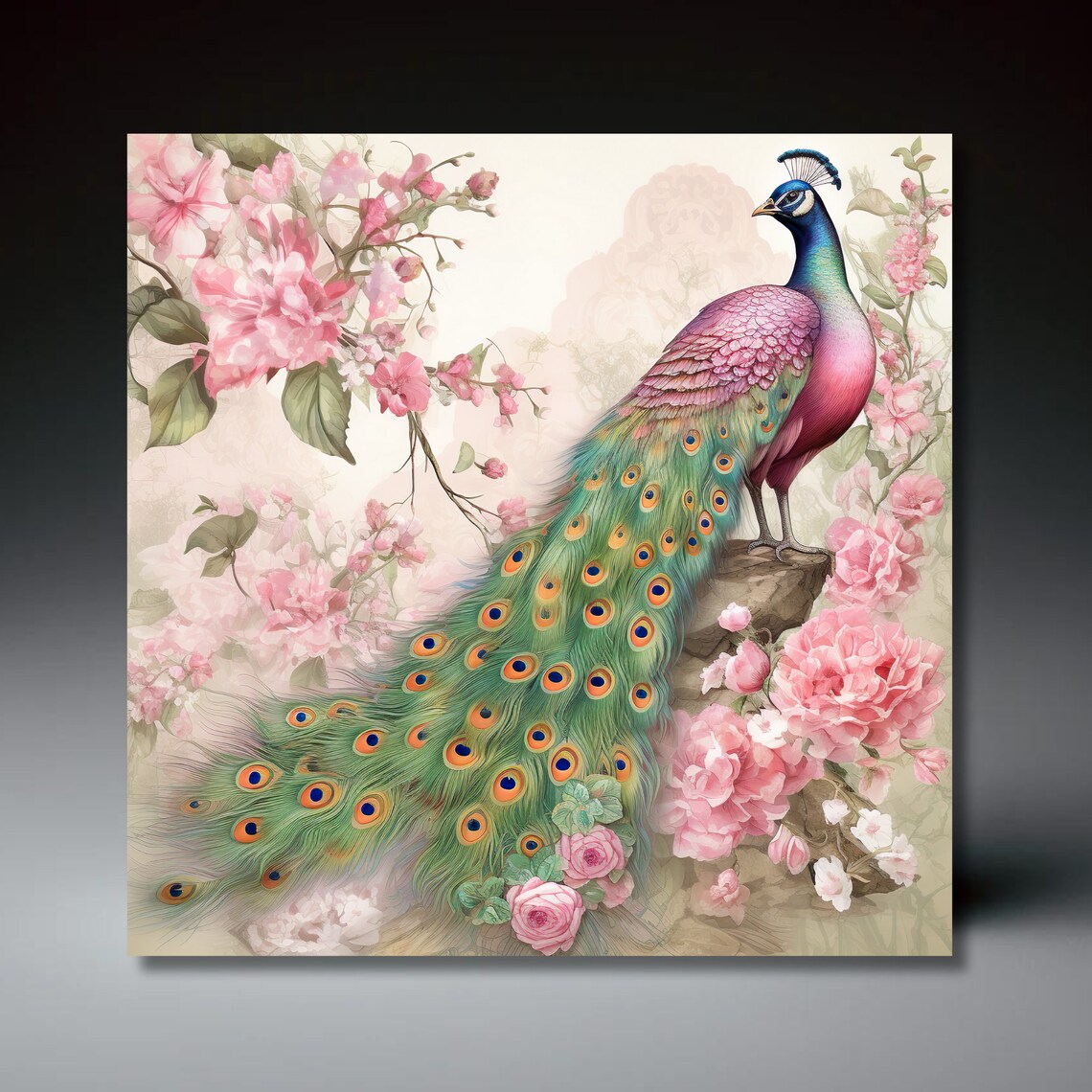 Art Nouveau Peacock, Pink Eastern Wall Art Print