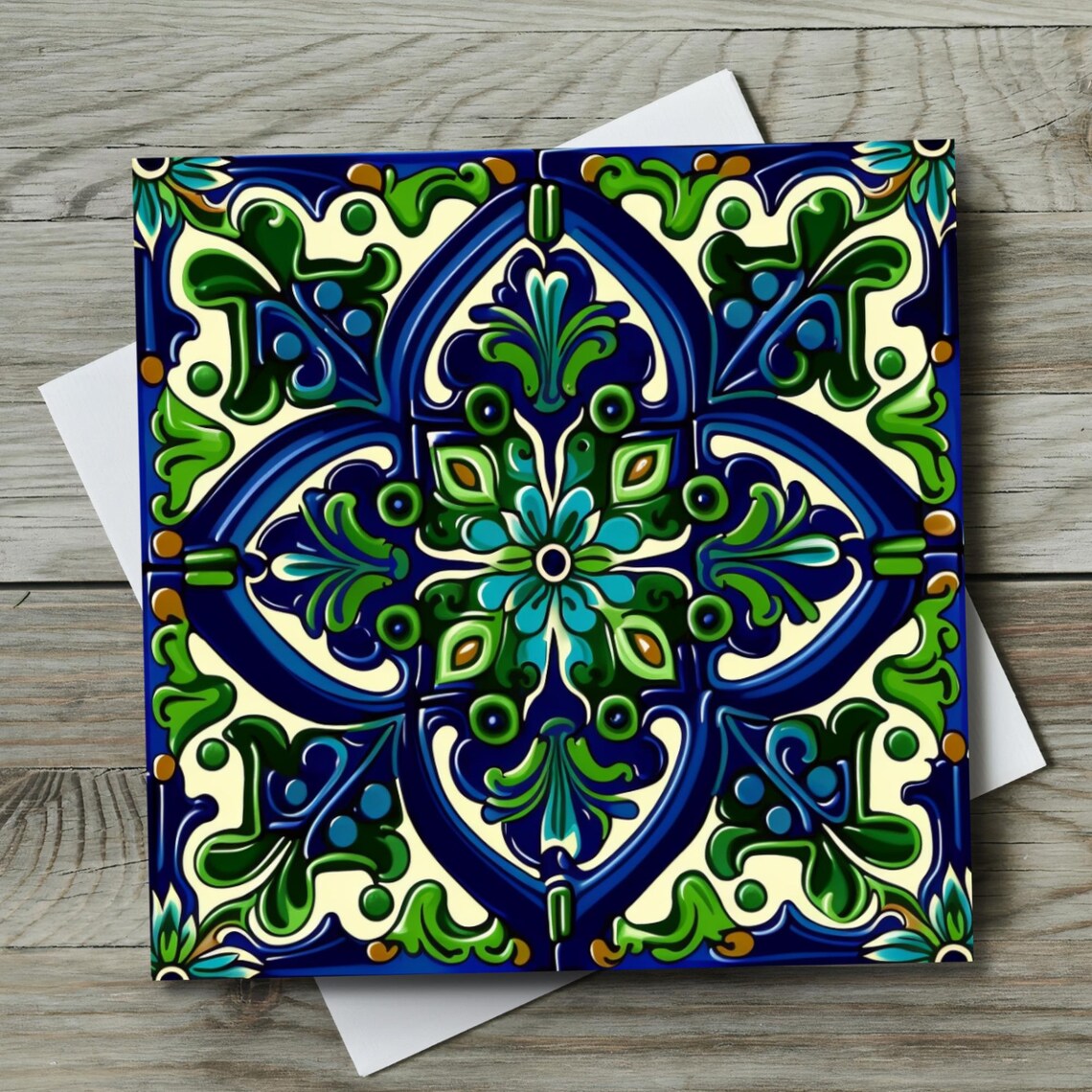 Blue And Green Talavera Tile, Mexican Tile Art Print - Image 3