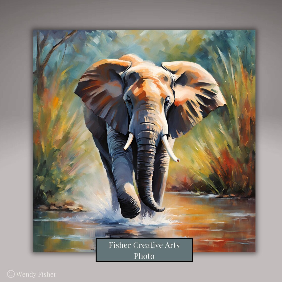 African Elephant Crossing River Wildlife Oil Painting Wall Art