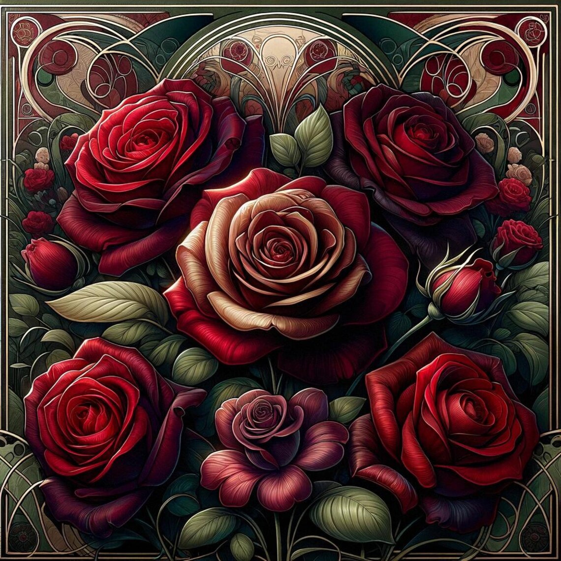 Red Roses Art Nouveau Floral Wall Art Print, Kitchen - Image 5