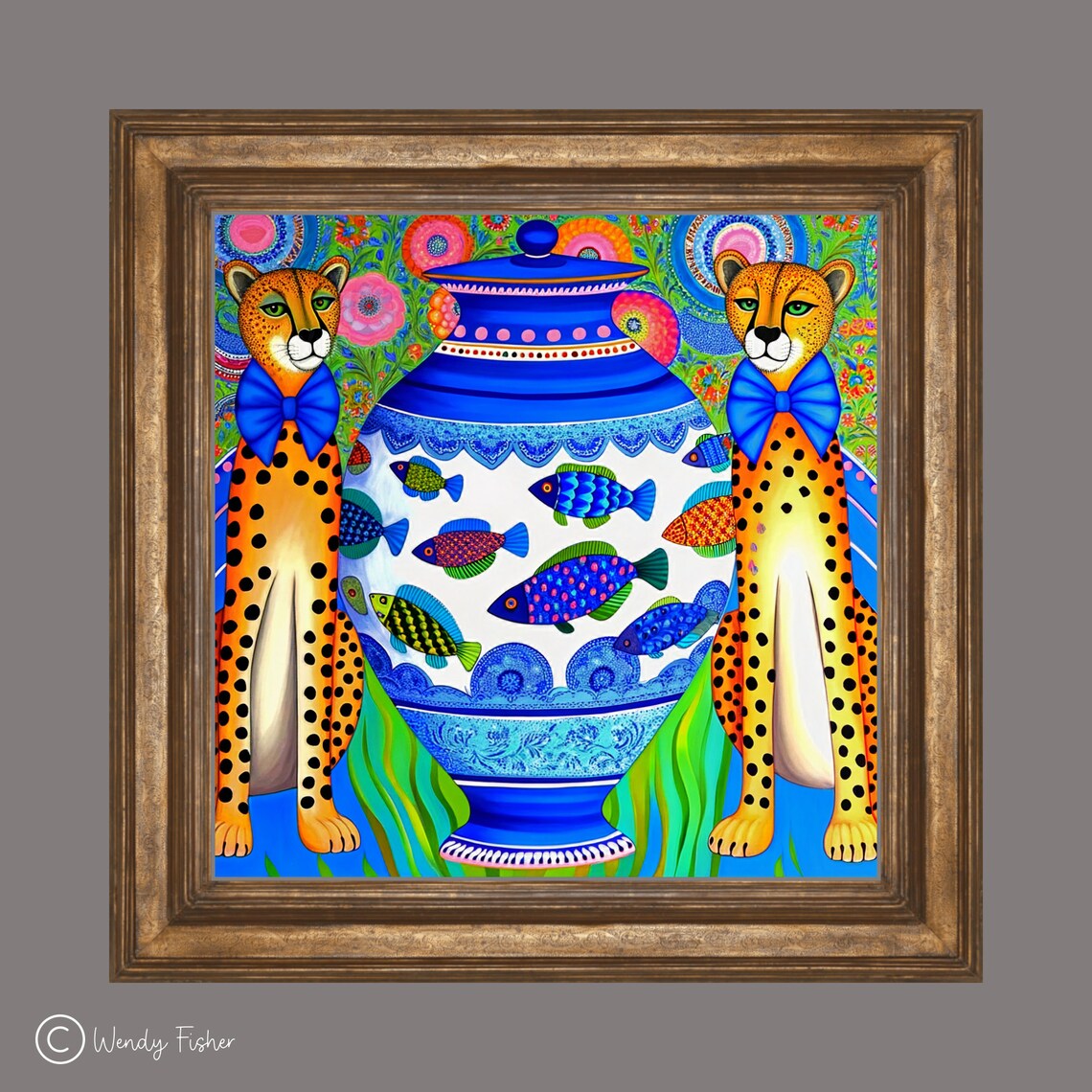 Cheetah Pair And Fish Ginger Jar Folk Art Ceramic Tile Wall Art - Image 2