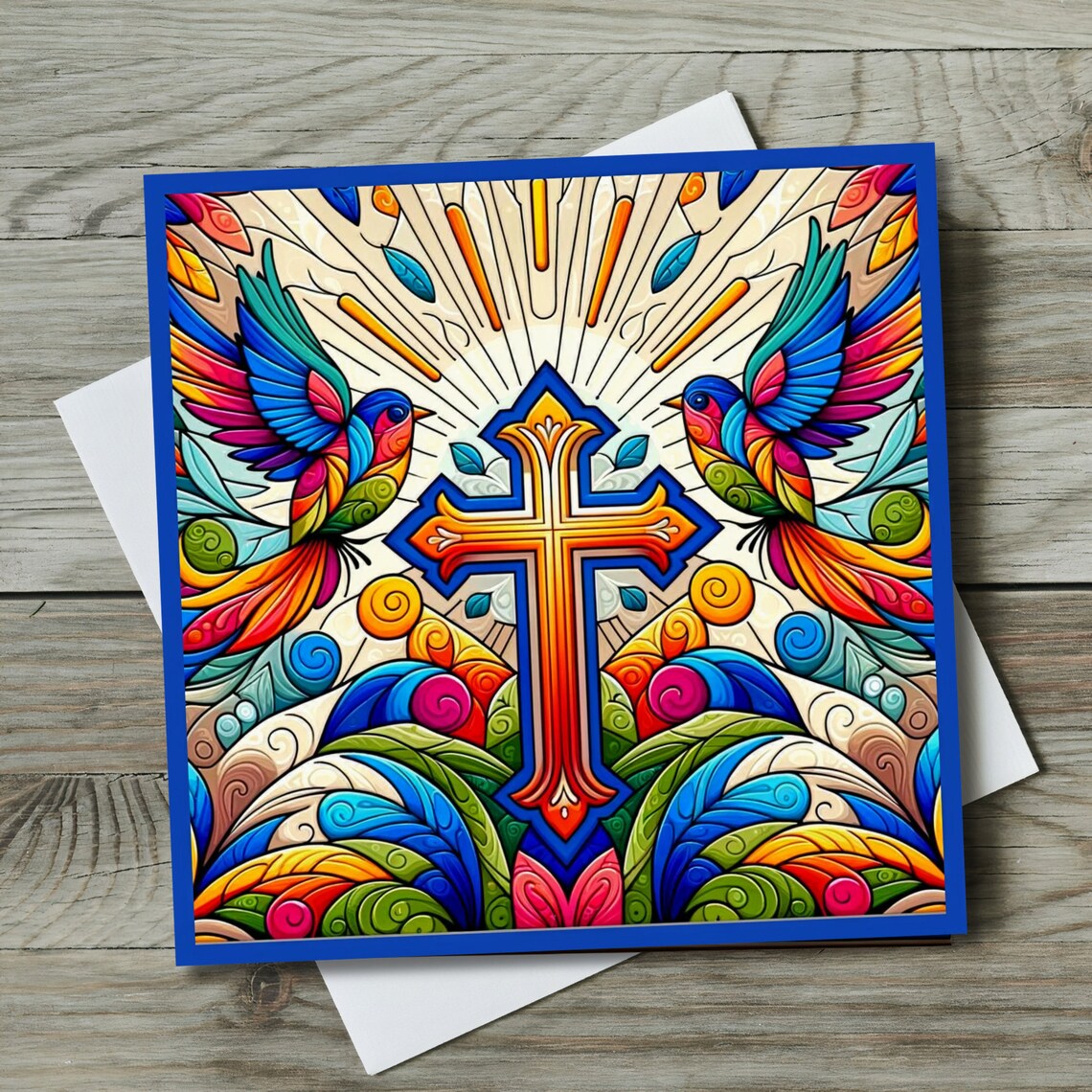 Ornate Folk Cross with Twin Songbirds in Radiant Sunbeams Wall Art - Image 2