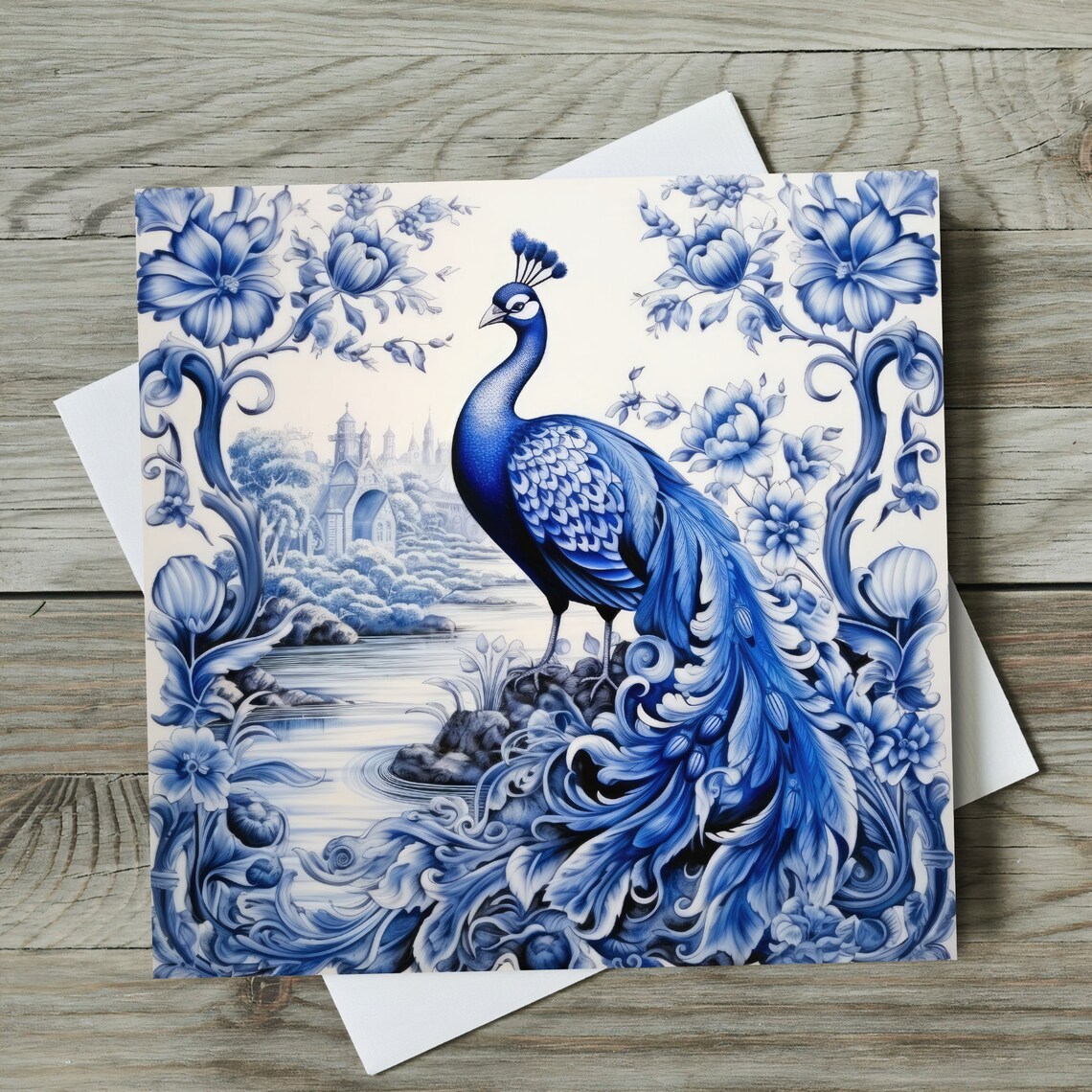 Delft Blue Chinoiserie Peacock Wall Art Print - Image 4