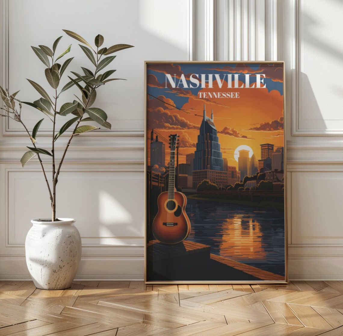 Nashville Tennessee Music City Sunset Skyline Guitar Travel Poster