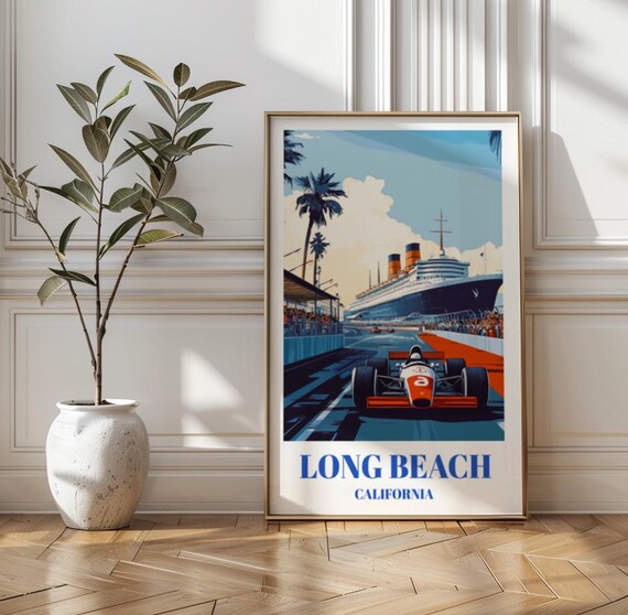 Long Beach California Vintage Race Car Harbor Liner Retro Travel Poster Art