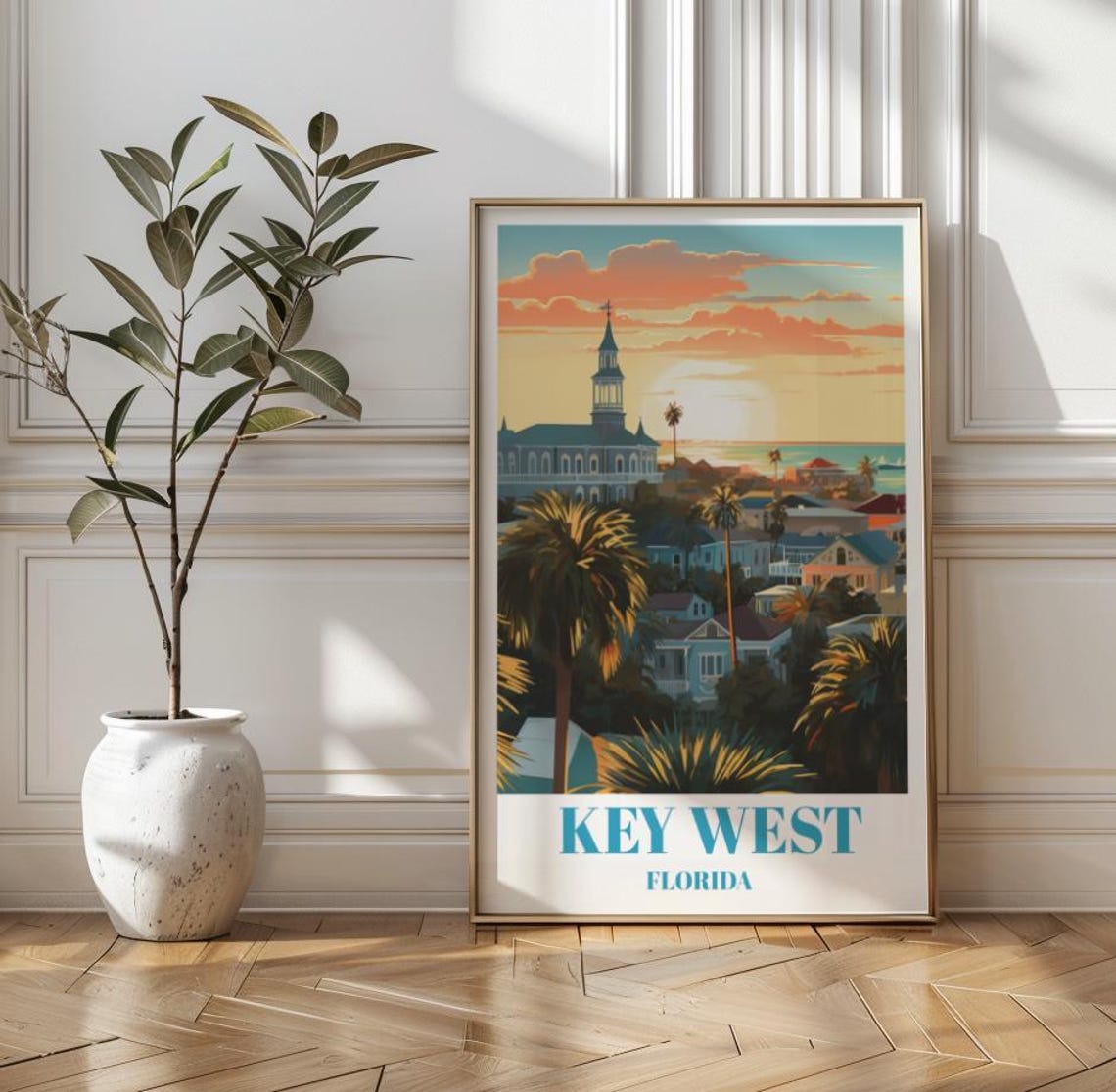 Key West Florida Tropical Old Town Sunset Palm Trees Travel Poster