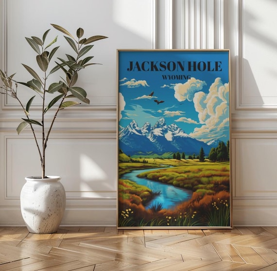 Jackson Hole Wyoming Vintage Travel Poster with Teton Mountains and River