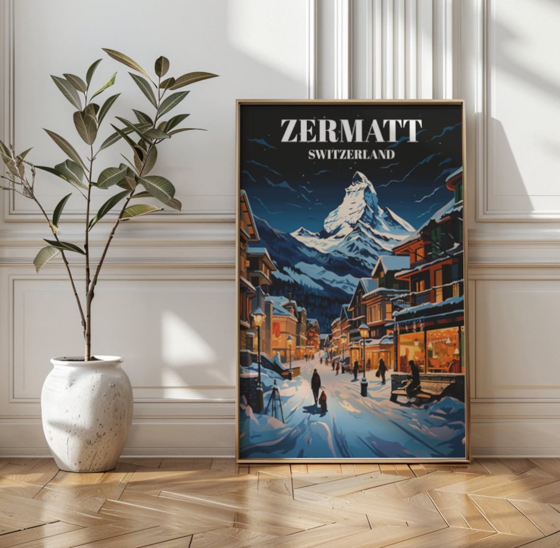 Zermatt Switzerland Vintage Travel Poster Night Mountain Alps Ski Art