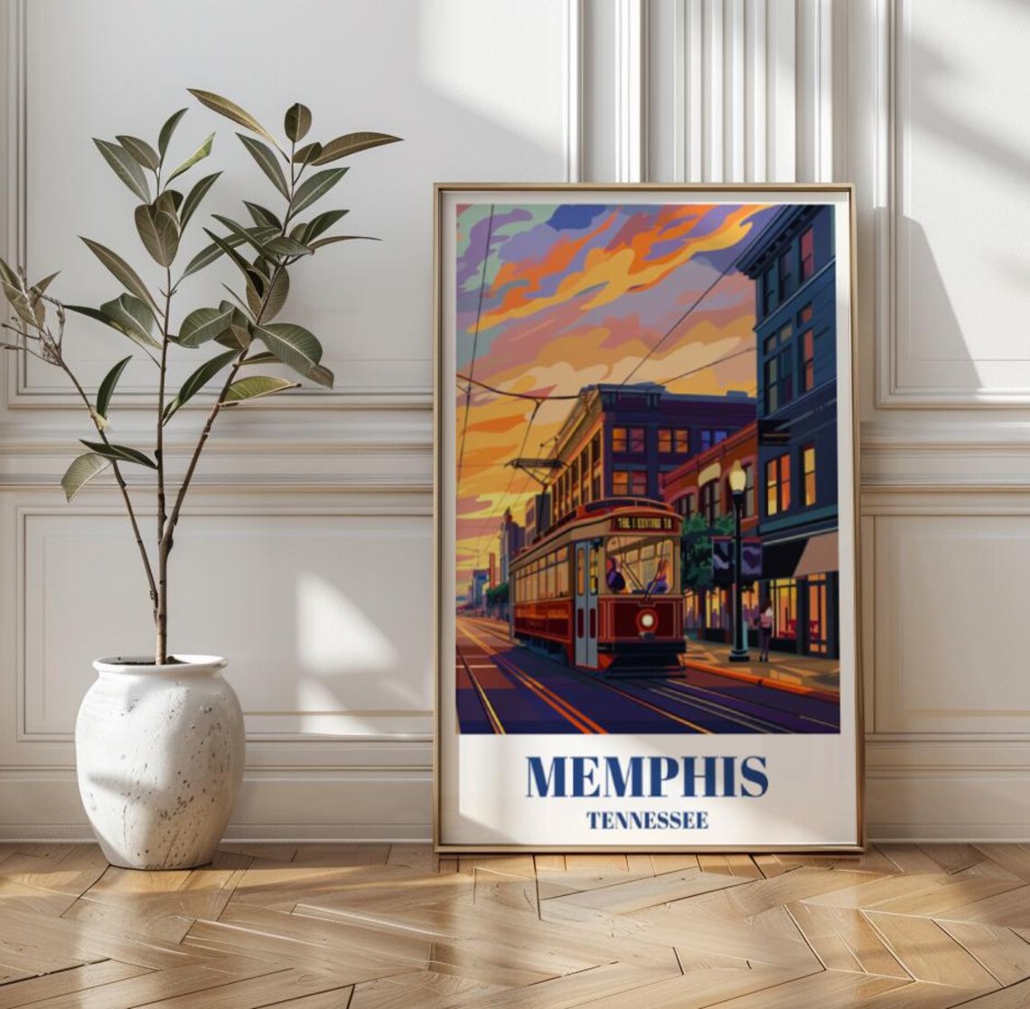 Memphis Tennessee Vintage Trolley Sunset Street Music City Poster