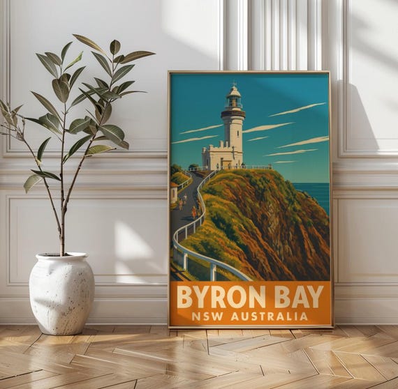 Byron Bay Lighthouse Print Vintage Australian Coastal Travel Poster