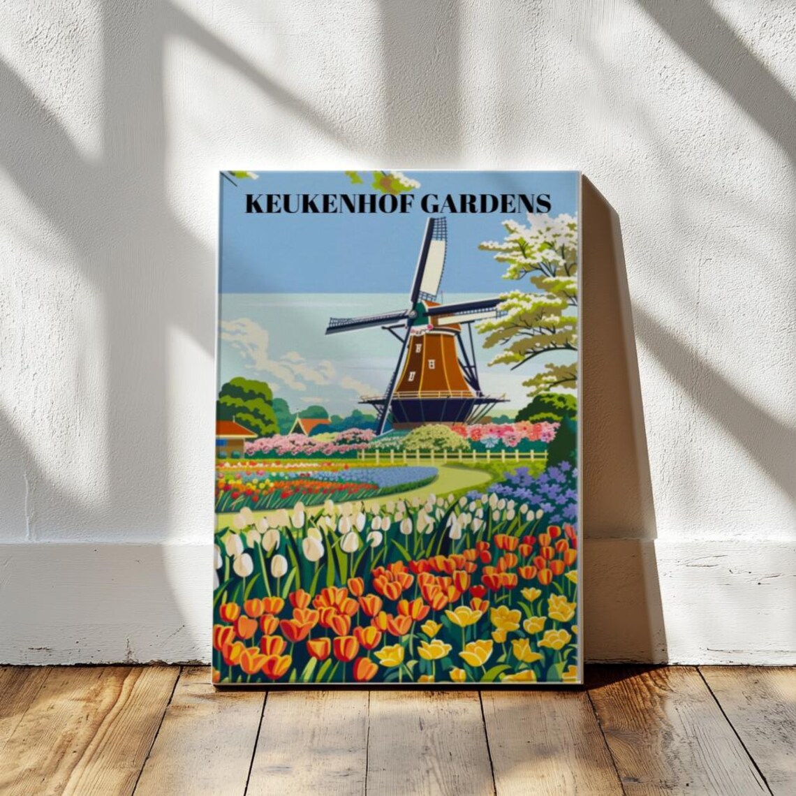 Keukenhof Gardens Netherlands Vintage Tulip Windmill Travel Poster