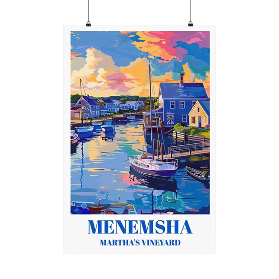Menemsha Marthas Vineyard Colorful Harbor Sunset Travel Poster