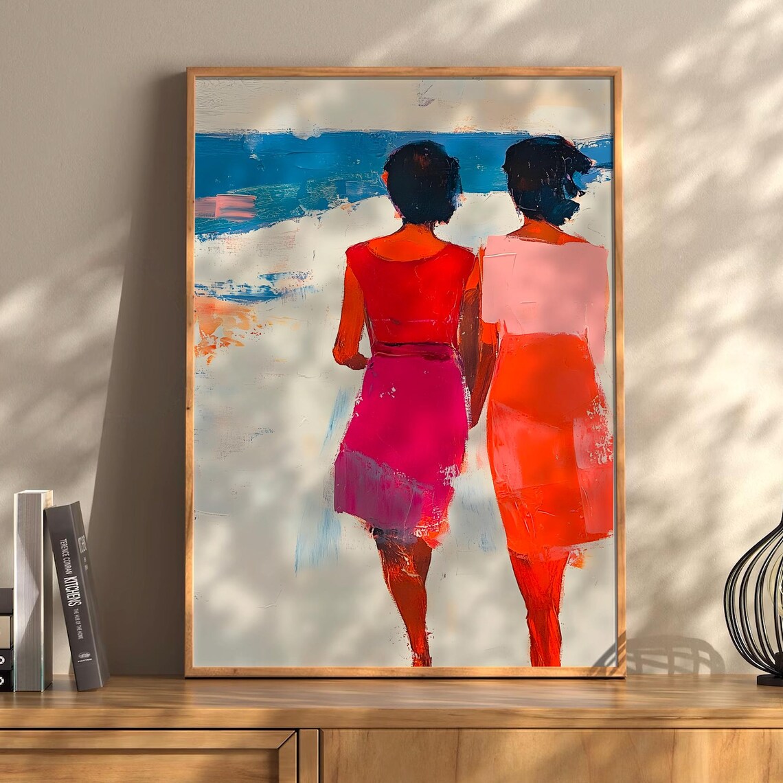 Two Friends Walking To The Sea Colorful Beach Painting Poster