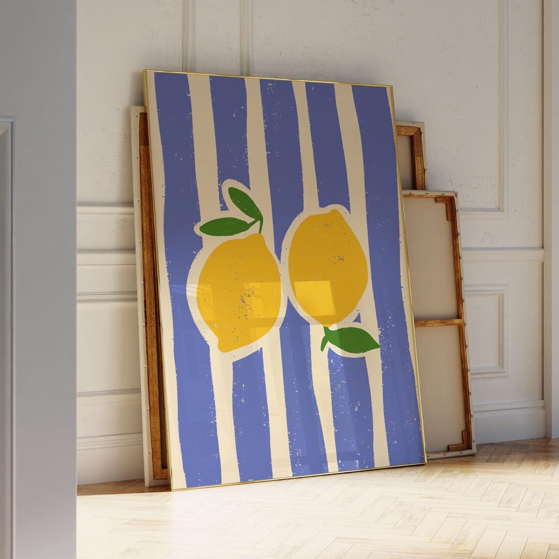 Retro Lemons On Blue Striped Background Citrus Kitchen Poster