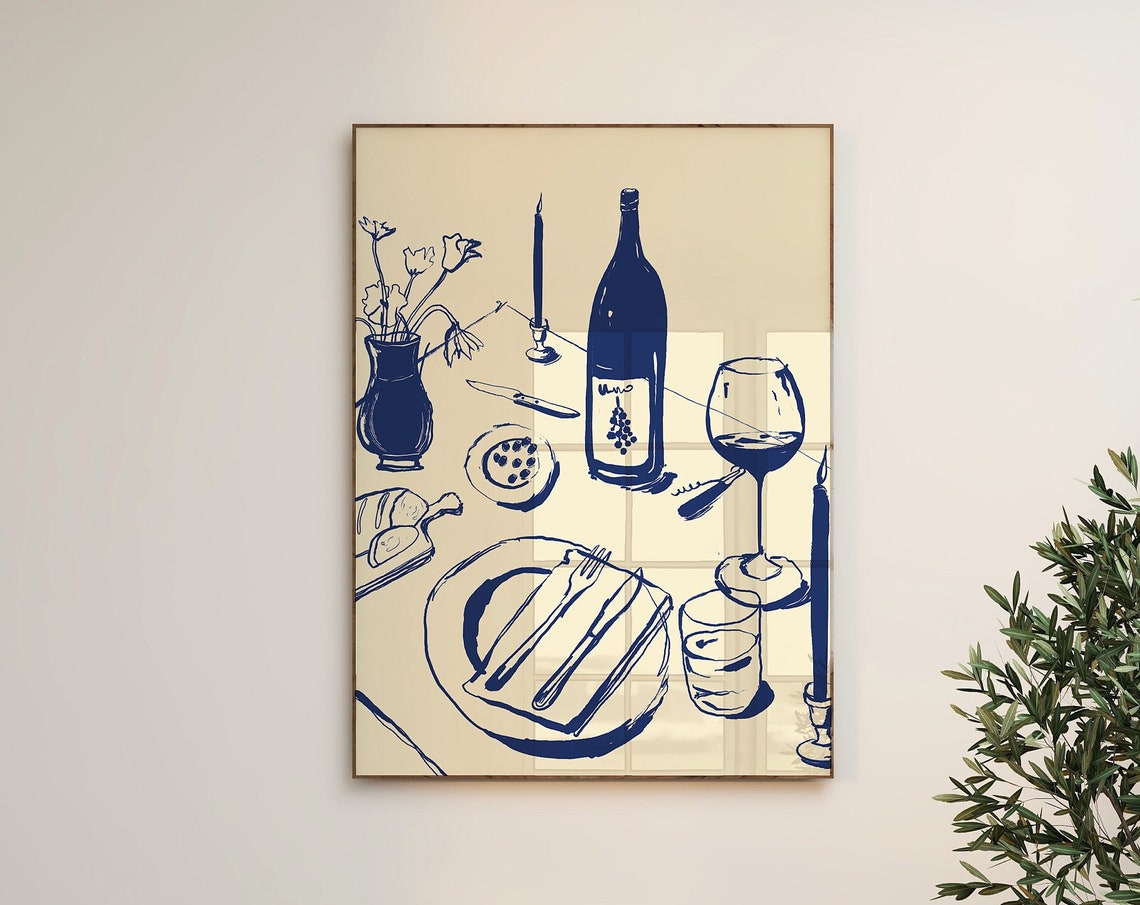 Navy Blue Dinner Party Table Setting Wine Sketch Illustration Poster - Image 2