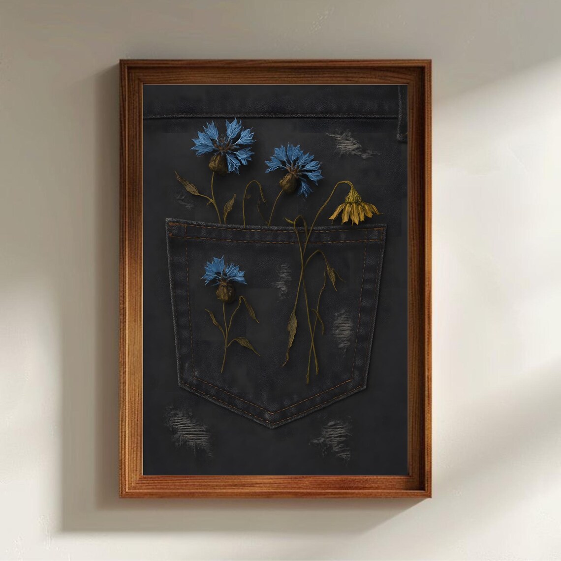 Blue Cornflowers In Denim Back Pocket Distressed Black Jeans Poster