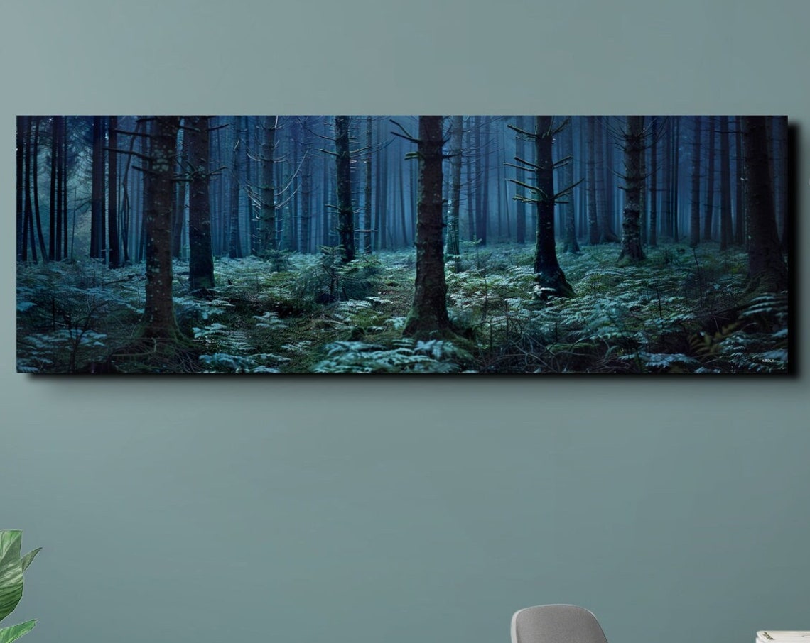 Misty Blue Pine Forest at Dusk Panoramic Nature Landscape Poster