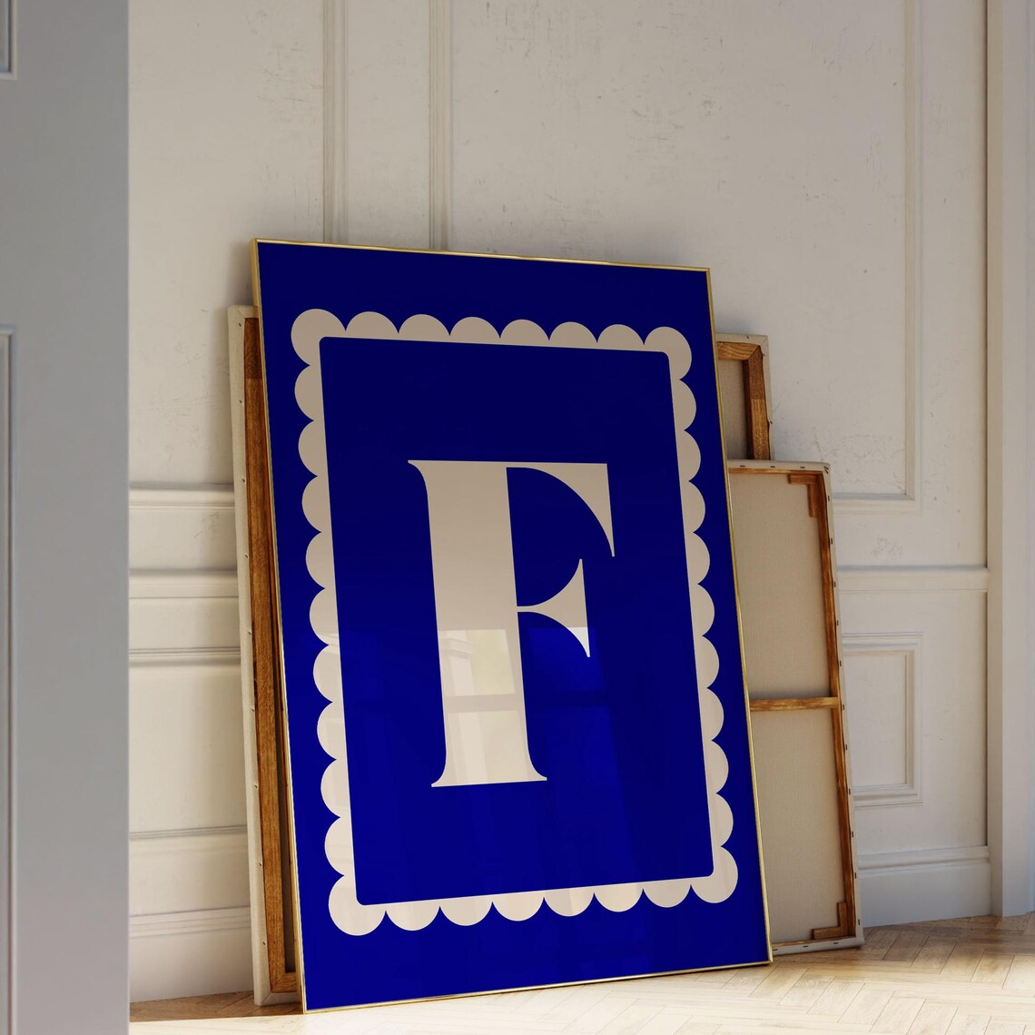 Personalized Letter F White Scalloped Frame Bold Blue Monogram Wall Art