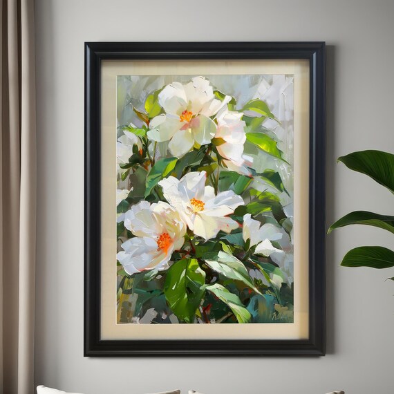 Impressionist White Blossoms Orange Centers Floral Wall Poster