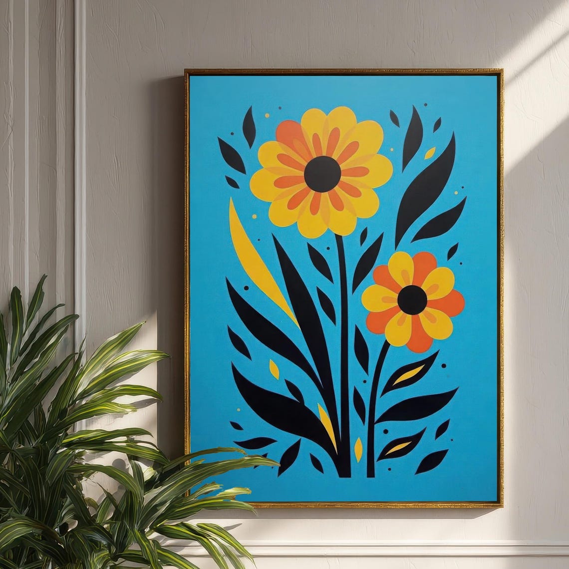 Bold Folk Art Flowers Blue and Yellow Midcentury Style Poster