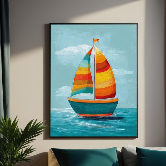 Vibrant Sailboat Art Nautical Kids Room Decor Wall Print Ocean Adventure Coastal Nursery