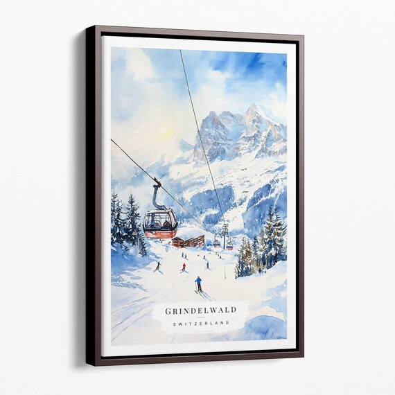 Grindelwald Switzerland Ski Gondola Alpine Watercolor Poster