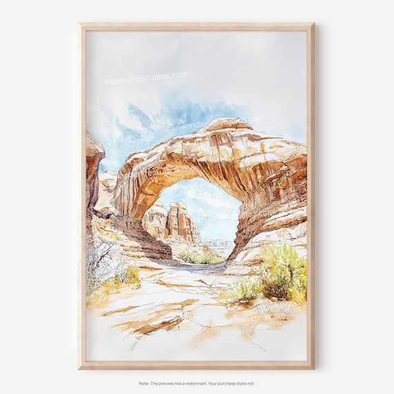 Arches National Park Watercolor with Desert Stone Arch Poster