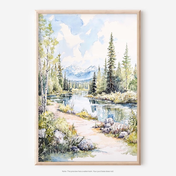 Fairbanks Alaska Mountain Lake Watercolor Pine Forest Landscape Poster