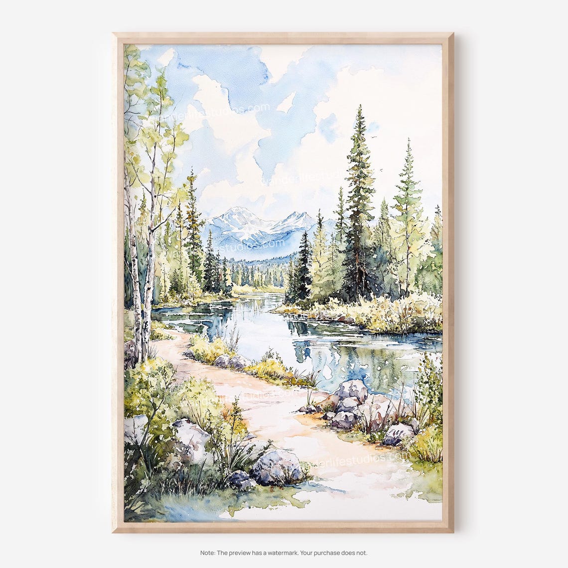 Fairbanks Alaska Mountain Lake Watercolor Pine Forest Landscape Poster