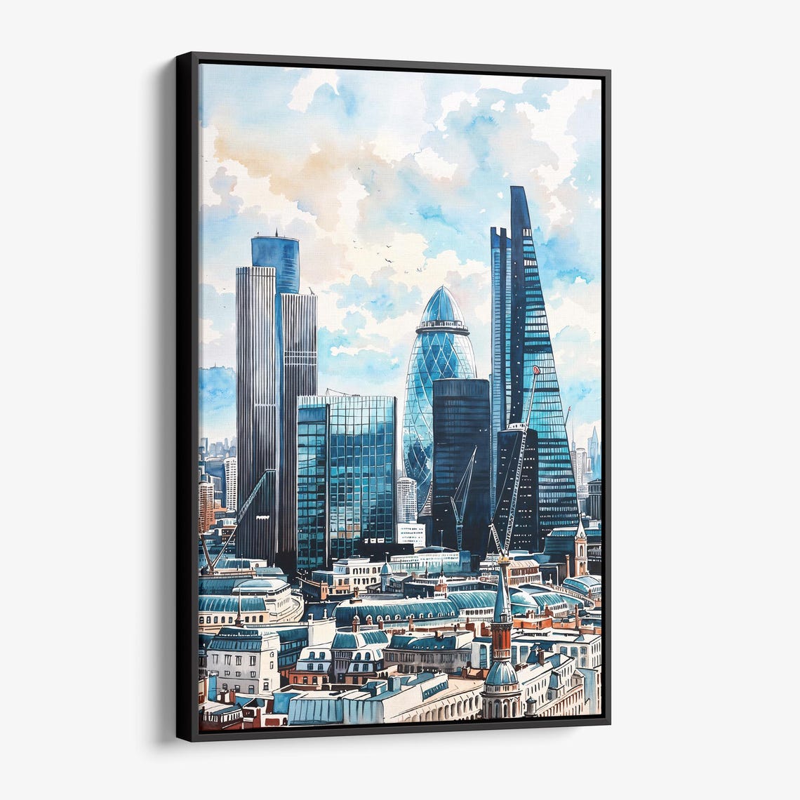 London City Skyline Watercolor Poster with Gherkin and Glass Towers