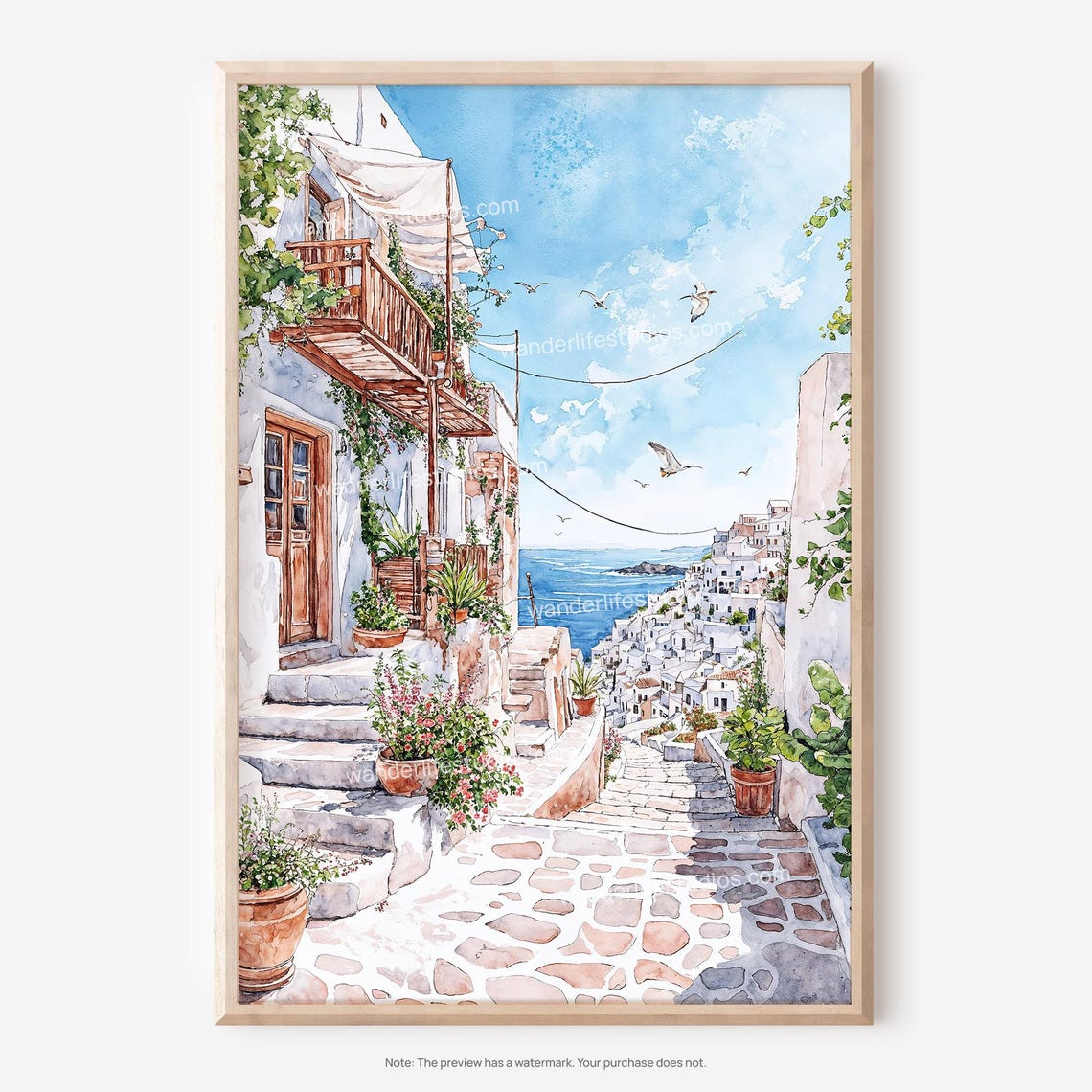 Santorini Greece Whitewashed Alley Seaside Watercolor Poster