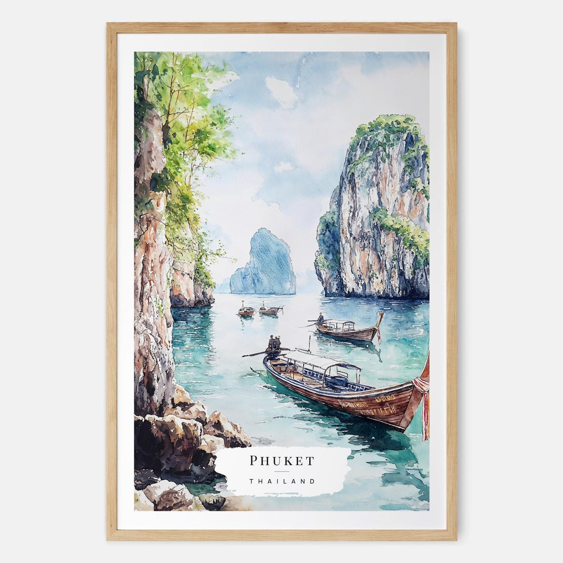Phuket Thailand Longtail Boats Limestone Cliffs Watercolor Poster