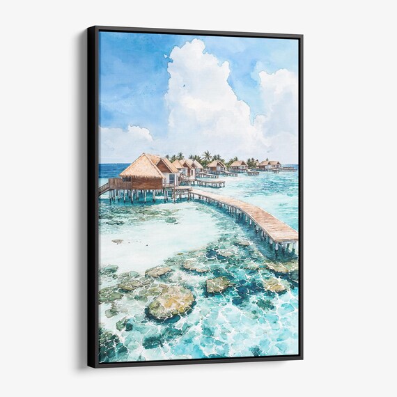 Maldives Overwater Bungalows Turquoise Lagoon Watercolor Tropical Poster