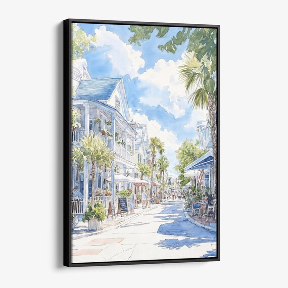 Key West Duval Street Watercolor Poster with Palm Trees and Cafes