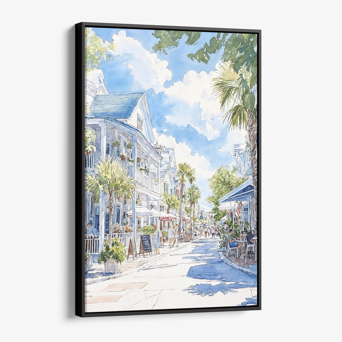 Key West Duval Street Watercolor Poster with Palm Trees and Cafes