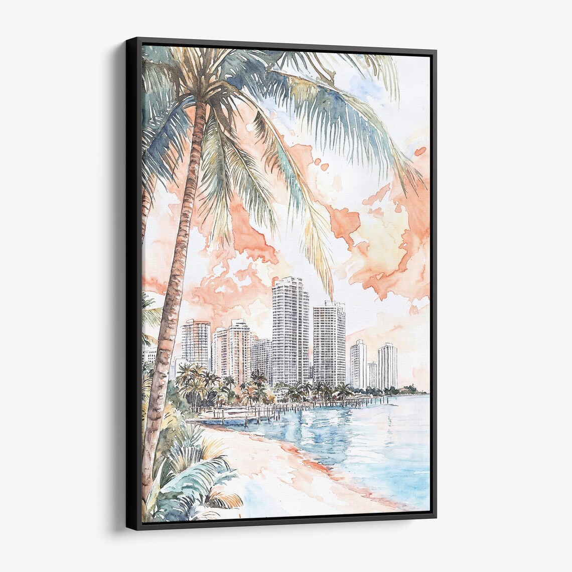 Miami Florida Beach Sunset Palm Trees City Skyline Watercolor Poster