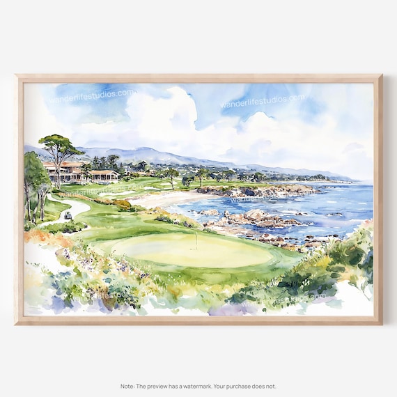 Pebble Beach Oceanfront Golf Course Coastal Watercolor Poster