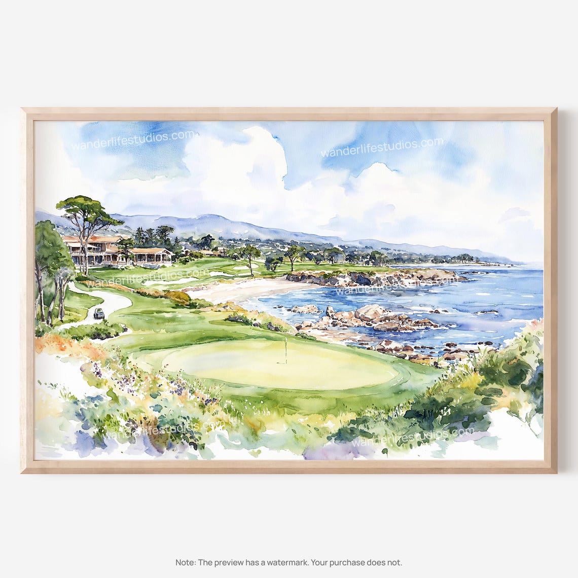Pebble Beach Oceanfront Golf Course Coastal Watercolor Poster