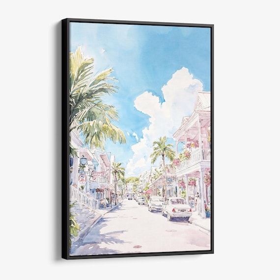 Key West Florida Watercolor Pastel Street Palms Vintage Cars Travel Poster
