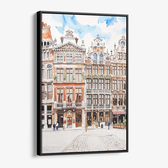 Brussels Watercolor Canvas Print European Cityscape Wall Art