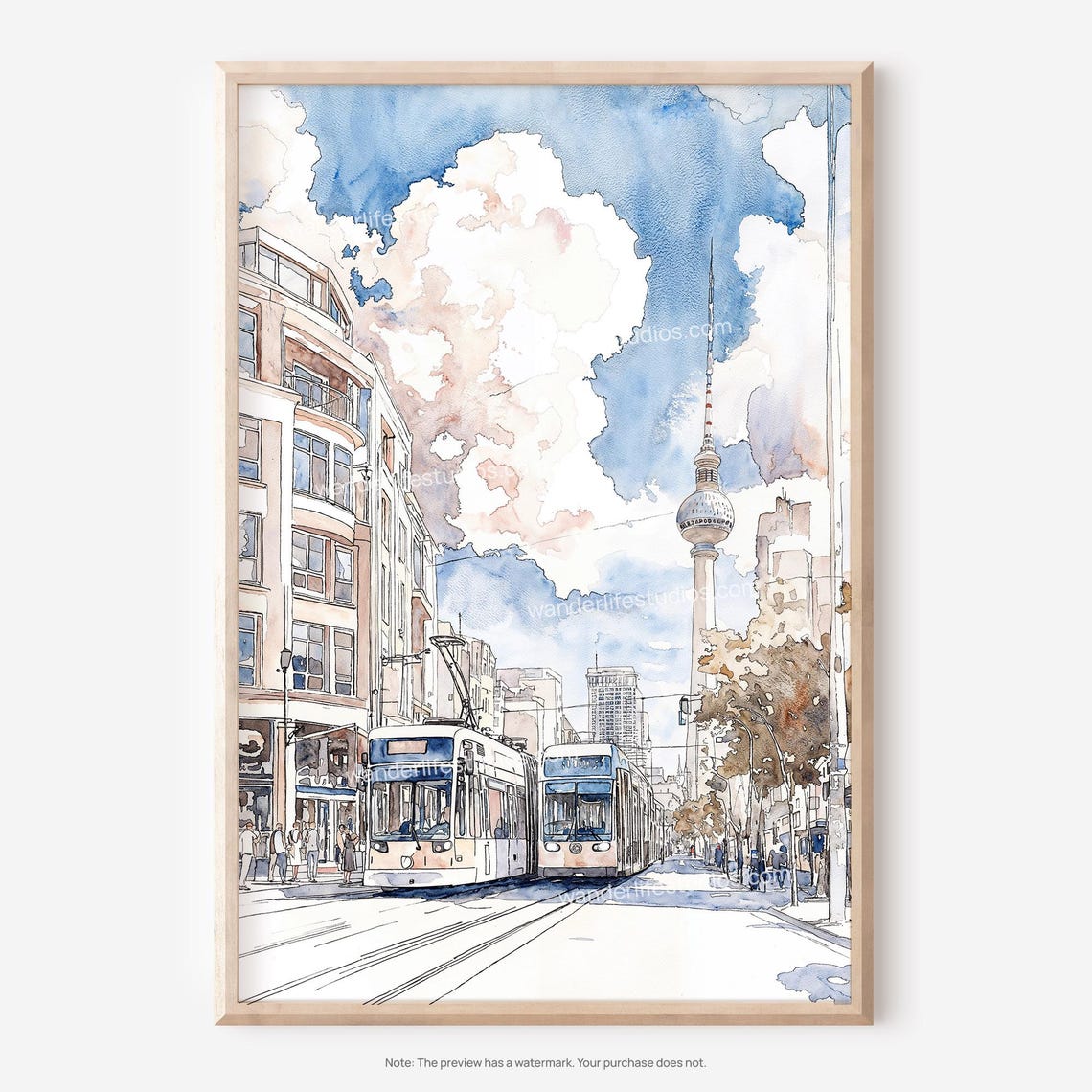 Berlin TV Tower with Trams Charming Watercolor City Street Poster