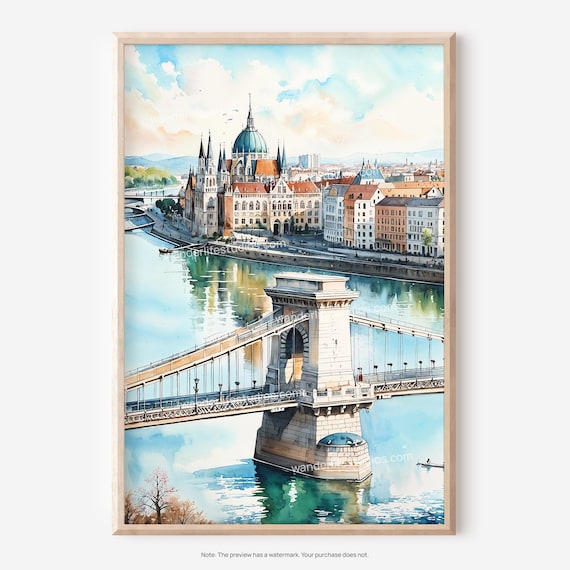 Budapest Wall Art Watercolor Cityscape For Instant Printing
