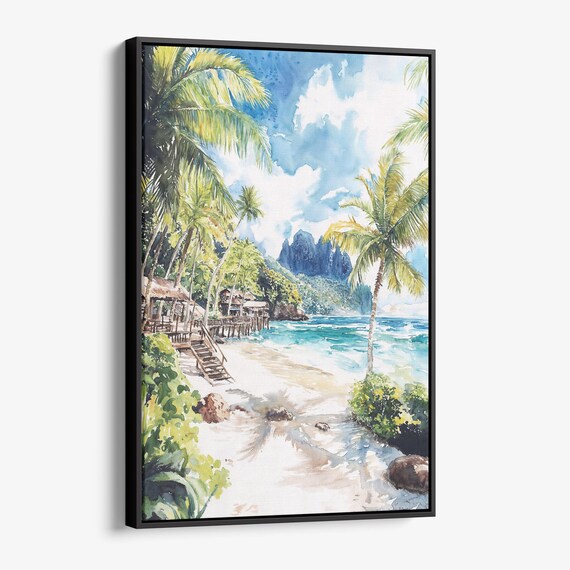 Tropical Island Beach Palms Huts Watercolor Paradise Coastal Art Poster