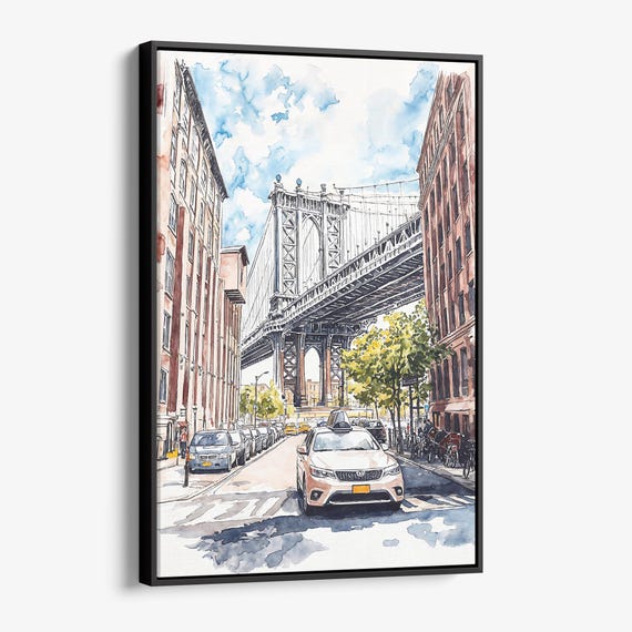 Manhattan Bridge Canvas Print Watercolor Urban Landscape Wall Art