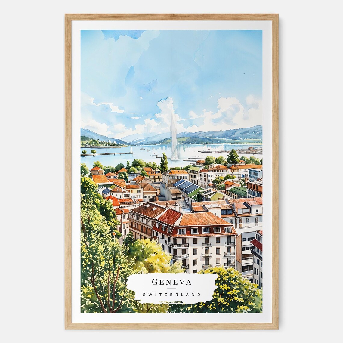Geneva Switzerland Lake Jet Water Fountain Watercolor Poster