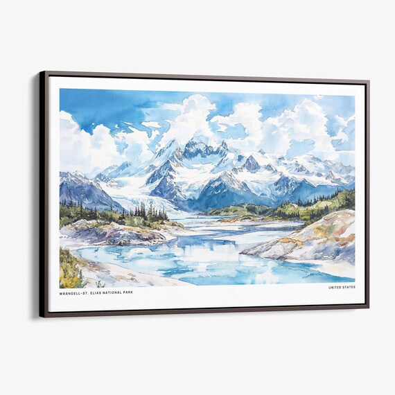 Wrangell St Elias National Park Watercolor Snowy Peaks Glacial Poster